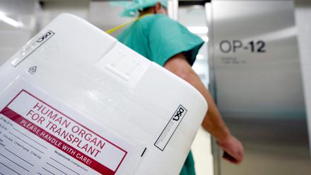Ein Styropor-Behälter zum Transport von zur Transplantation vorgesehenen Organen wird am Eingang eines OP-Saales vorbeigetragen. (Symbolbild)