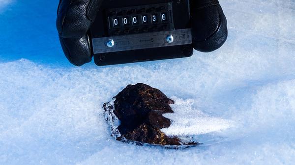 Ein antarktischer Meteorit, bereits teilweise in das Eis eingesunken. Bisher wurden die meisten auf dem Eis liegend gefunden. 