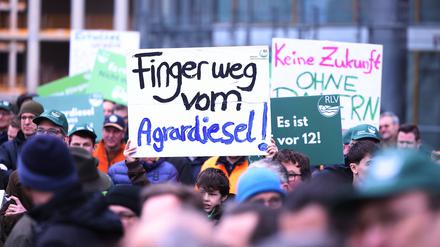  „Finger weg vom Agrardiesel“ steht auf einem Plakat bei einer Demonstration von Landwirten am Stadttor in Düsseldorf. 