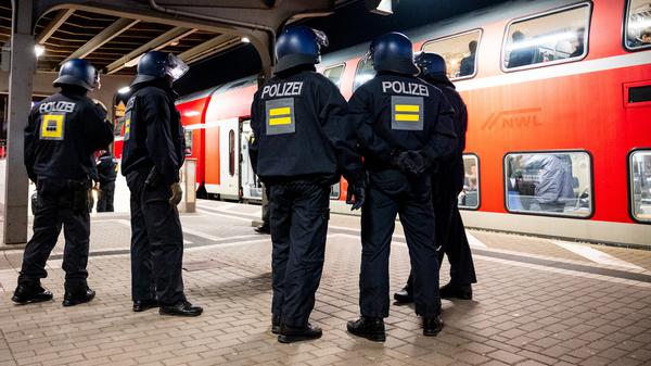 Bundespolizisten stoppen im Februar in Hamburg einen Regionalzug mit Fußballfans.