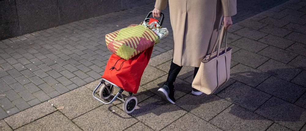 Eine ältere Frau mit mit Einkaufstaschen und Einkauf.