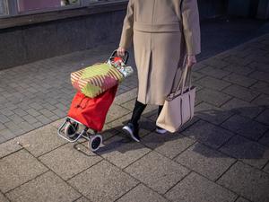 Eine ältere Frau mit mit Einkaufstaschen und Einkauf.