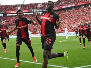 Auf dem Weg zum Titel. Bayer Leverkusens Victor Boniface feiert sein Tor zum 1:0.
