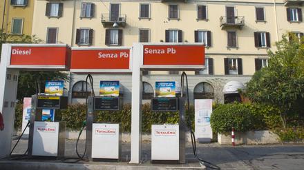 Petrol gas service filling station and petrol pumps Brera district central Milan Lombardy region Italy Europe