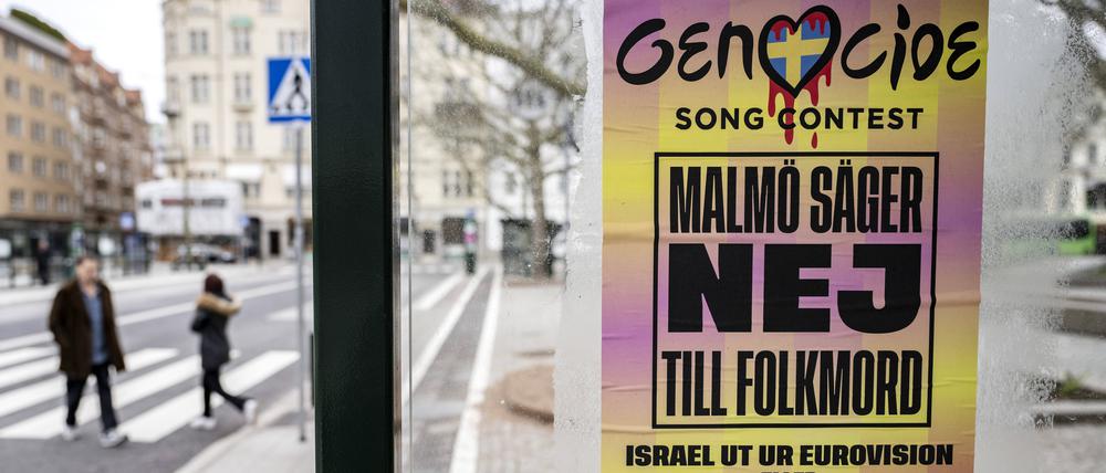 Protestplakat gegen die Teilnahme Israels am Eurovision Song Contest: „Malmö sagt Nein zu Völkermord“.