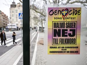 Protestplakat gegen die Teilnahme Israels am Eurovision Song Contest: „Malmö sagt Nein zu Völkermord“.