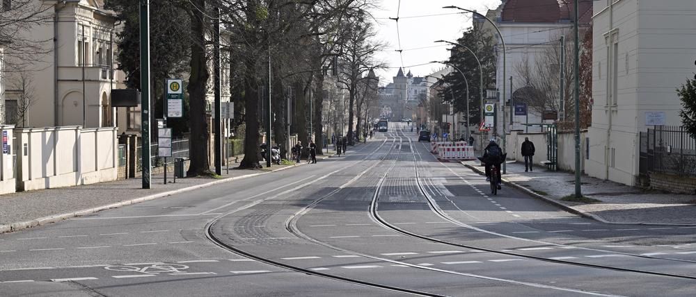 Blick auf die Friedrich-Ebert-Straße von der Puschkinallee: Ab Juni müssen die Gleise zwischen Helene-Lange-Straße und Puschkinallee saniert werden.
