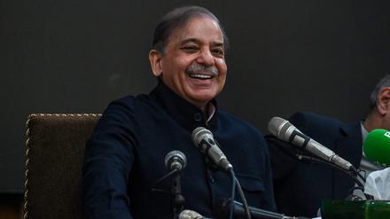Pakistan's former Prime Minister and leader of the Pakistan Muslim League-Nawaz (PML-N) party Shehbaz Sharif speaks during a press conference in Lahore on February 13, 2024. (Photo by Arif ALI / AFP)