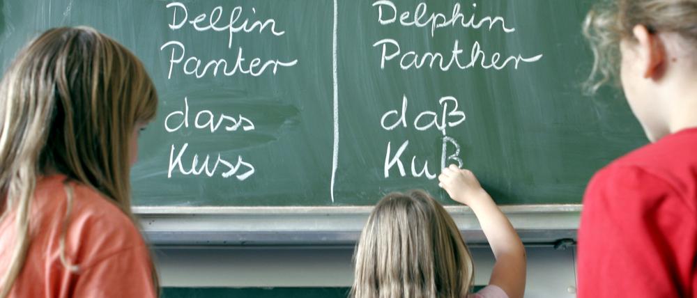 Kinder einer Frankfurter Grundschule schreiben die jeweils neuen und alten Schreibweisen von Wörtern an eine Tafel.