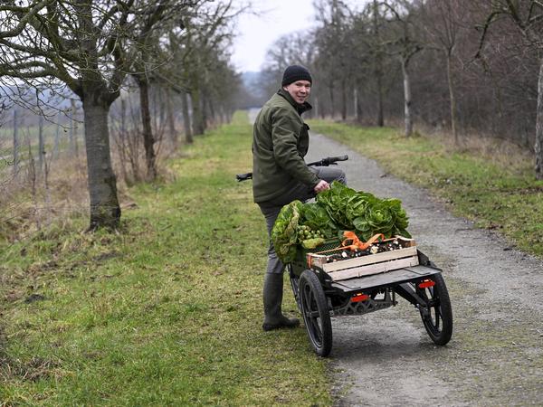 Bio und sogar CO2-frei transportiert: Ein Brandenburger Bio-Landwirt fährt seine Ernte mit dem Fahrrad die Ernte zum Hofladen.