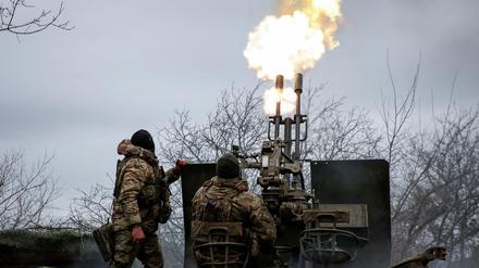 Ukrainian servicemen from air defence unit of the 93rd Mechanized Brigade fire an anti aircraft cannon at a frontline, amid Russia's attack on Ukraine, near the town of Bakhmut, Ukraine March 6, 2024. Radio Free Europe/Radio Liberty/Serhii Nuzhnenko via REUTERS