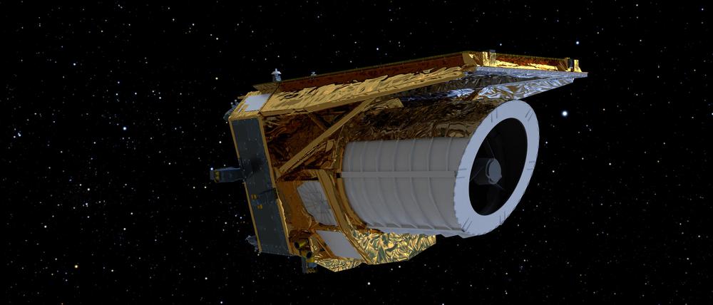 HANDOUT - 06.11.2023, ---, --: Ein Computergeneriertes Bild des Weltraumteleskops «Euclid». Die europäische Weltraumsonde «Euclid» zur Erforschung von Dunkler Materie und Dunkler Energie hat wieder freie Sicht. (zu dpa: «Europäisches Weltraumteleskop «Euclid» von Eis befreit») Foto: --/ATG/ESA/dpa +++ dpa-Bildfunk +++