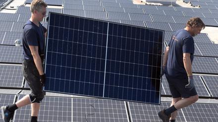 Mitarbeiter der Leipziger Solargesellschaft mbH tragen ein Solarmodul auf dem Dach der Frische GmbH Köhra.
