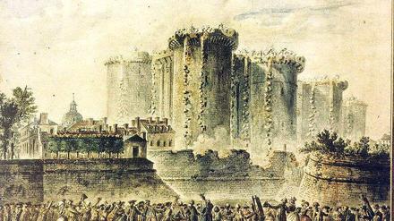 Aufruhr und Gewalt. Revolutionäre stürmen 1789 die Bastille. Aquarell von Jean- Pierre Houel. 