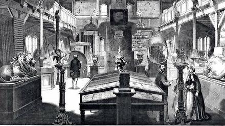 Hölzerner Showroom. Die erste Unterkunft des Museums befand sich im ehemaligen Diorama der Gebrüder Gropius in Mitte. Der Holzstich nach Heinrich Scherenberg wurde im Gründungsjahr in der „Illustrirten Zeitung“ abgedruckt.
