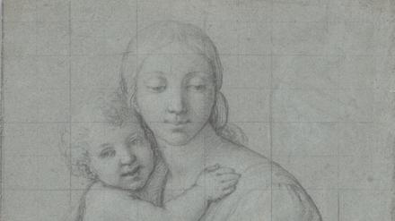 
„Maria mit Kind“ von Giovanni Battista Salvi, gen. Il Sassoferrato (Schwarze Kreide auf blaugrauem Papier, quadriert).