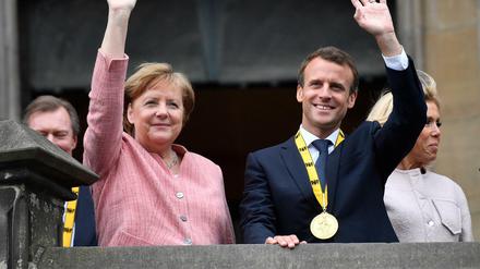 Kanzlerin Merkel und Frankreichs Präsident Macron im vergangenen Mai in Aachen. 