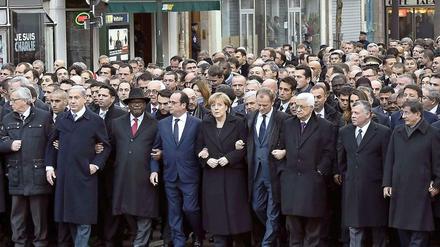 Der republikanische Marsch in Paris am Sonntag mit Francois Hollande, Angela Merkel und anderen Staats- und Regierungschefs.