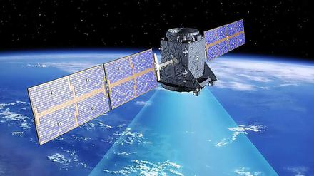 Die künstlerische Darstellung zeigt einen GIOVE-A-Satelliten, der als erster Satellit des europäischen Navigationssystems Galileo im Dezember 2005 gestartet und auf eine mittlere Erdumlaufbahn in 23.260 Kilometer Höhe gebracht wurde. Ein europäisches Projekt wie Galileo soll der neue Spionagesatellit jedoch nicht sein.