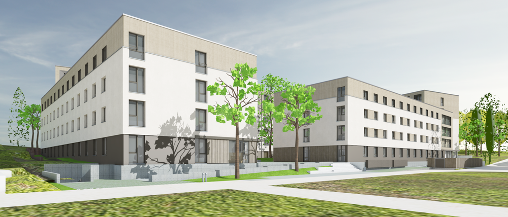 Visualisierung eines neuen Wohnheims mit 420 Plätzen auf dem Campus Golm der Universität Potsdam. Entwurf und Planung: Sahlmann & Partner GbR 