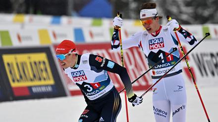 Startläufer Eric Frenzel wechselte als Erster, am Ende war dann aber doch Norwegen vorn.