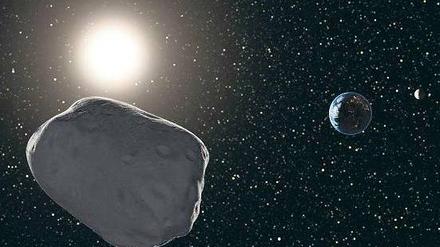 Im Anflug auf die Erde. Der Asteroid „Apophis“ mit einem Durchmesser von etwa 325 Metern raste jetzt in einer Entfernung von circa 14,5 Millionen Kilometern an der Erde vorbei. Am Freitag, dem 13. April 2029, wird er voraussichtlich in nur 22.000 Kilometern Entfernung an uns vorbeisausen. Die Grafik zeigt einen Himmelskörper ähnlich „Apophis“. 