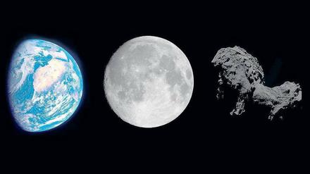 Finsterer Gesell. „67P/Tschurjumow-Gerassimenko“, wie er offiziell heißt, ist schwärzer als Kohle. Die Abbildung (nicht maßstäblich) zeigt, wie die Erde, der Mond und der ferne Komet bei gleicher Beleuchtung aussehen. Die Erde reflektiert 31 Prozent des Lichts, der Mond 12 und Tschuri nur 6 Prozent. 