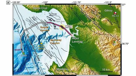Eine Grafik zeigt den Verlauf eines Glasfaserkabels vor der kalifornischen Küste.