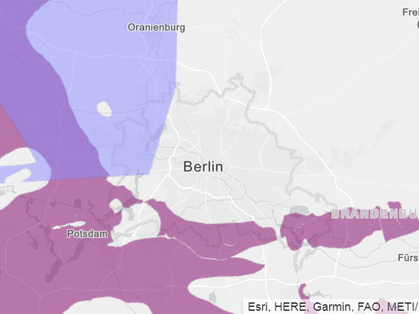 Ausschnitt: Die in und um Berlin markierten Teilgebiete auf der BGE-Karte.