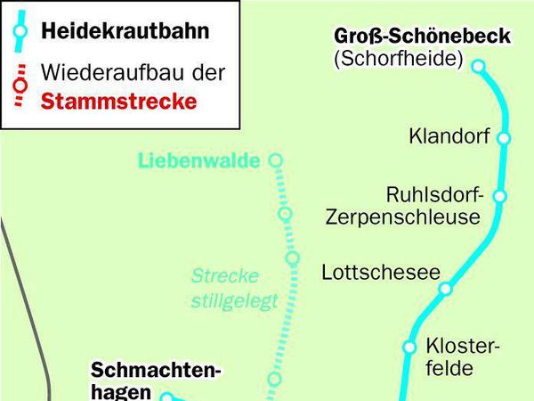 Der Verlauf der Heidekrautbahn: Rotes Plus anklicken zum Vergrößern der Grafik.