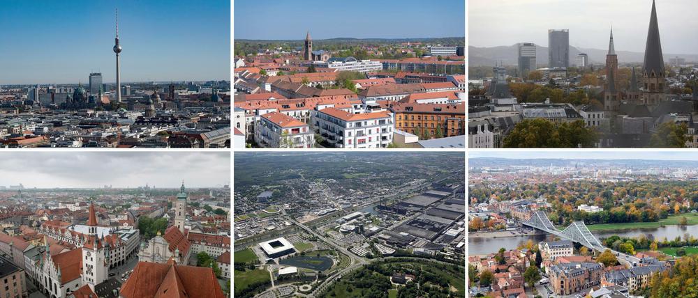 Stadtansichten von Berlin, Potsdam, Bonn, (oben, l-r) und München, Wolfsburg und Dresden (unten, l-r).