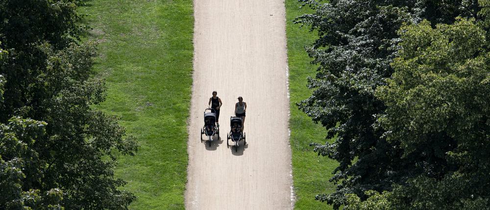 Zwei Joggerinnen mit Kinderwagen laufen durch den Tiergarten.