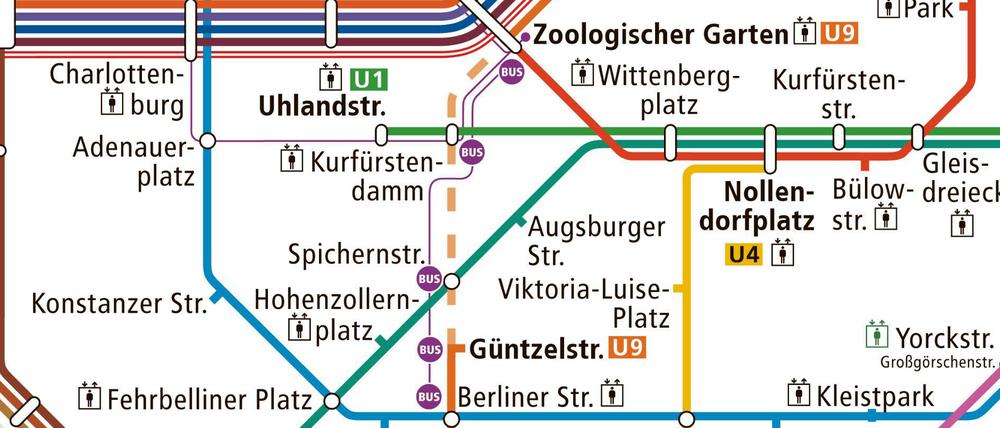 Ersatzverkehr auf der U9: Ab Montag bis voraussichtlich 7. Juli fahren sonntags bis donnerstag jeweils ab 23 Uhr keine Züge zwischen Bahnhof Zoo und Güntzelstraße/Berliner Straße. Grund ist der Einbau des Aufzuges.