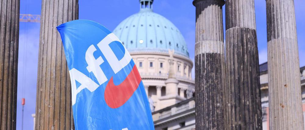 Vor dem Brandenburger Landtag in Potsdam steht eine Fahne der AfD - wegen eines Wahlkampftermins.