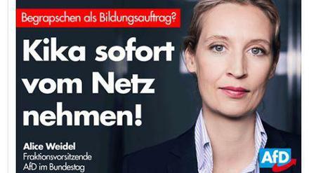 Die AfD-Fraktionsvorsitzende im Bundestag, Alice Weidel, hat den KiKa auf dem Kieker