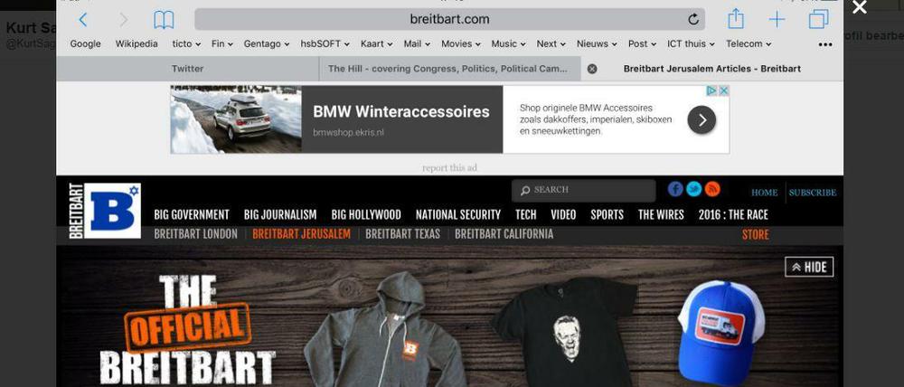 Der Screenshot-Beweis: Viele Unternehmen wissen gar nicht, wo überall im Netz ihre Werbung erscheint. BMW will mit „Breitbart News“ nichts zu tun haben.