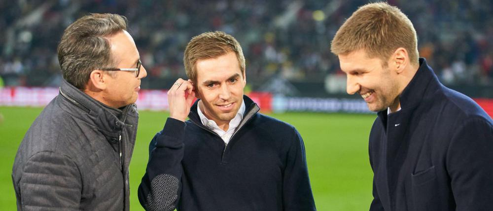 Beim WM-Testspiel Deutschland-Spanien war Weltmeister Philipp Lahm (Mitte) noch bei Moderator Matthias Opdenhövel (links) und ARD-Experte 