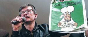 Weinender Prophet. Luz bei einer Pressekonferenz im Januar 2015 mit dem von ihm gezeichneten ersten Charlie-Hebdo-Titelbild nach dem Anschlag. 