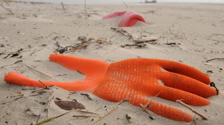 Ein angespülter Arbeitshandschuh aus Plastik und eine Kunststoffkanister liegen am Strand der Vogelschutzinsel Memmert.