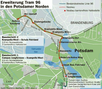 Die geplante Erweiterung der Tram 96 nach Krampnitz.