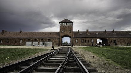Hauptwache und Zufahrtsschienen, Vernichtungslager Auschwitz II-Birkenau, Auschwitz, Polen, Europa iblfba03937217.jpg