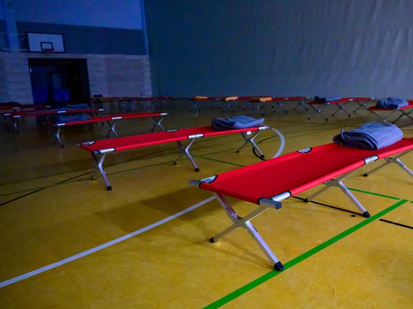 28.12.2023, Niedersachsen, Winsen (Aller): Feldbetten stehen in einer Sporthalle die als Notunterkunft eingerichtet wurde.