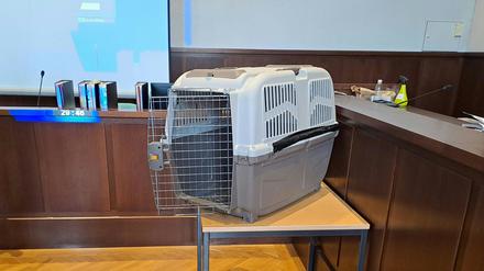 Eine Hundebox steht im Verhandlungssaal vom Landesgericht Krems während des Prozesses u.a. wegen versuchten Mordes gegen eine Mutter, die ihr Kind gequält und in eine Hundebox gesperrt haben soll. 