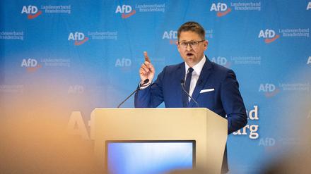 Rene Springer, Kandidat für den Landesvorsitz, spricht auf der Bühne beim Landesparteitag der AfD Brandenburg in der Wiesenhalle. 