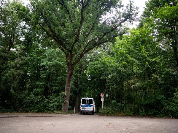 Ein Polizeiwagen fährt am Freitagmorgen in Zehlendorf im Bereich der südlichen Landesgrenze von Berlin durch den Wald. 