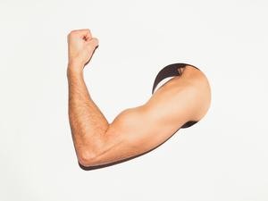 Body builder, Strong man, Fitness man, Weight lifter, Muscles.

Muscular arm on white background.