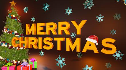 Der Slogan „Merry Christmas“ neben einem Weihnachtsbaum mit Geschenken. 