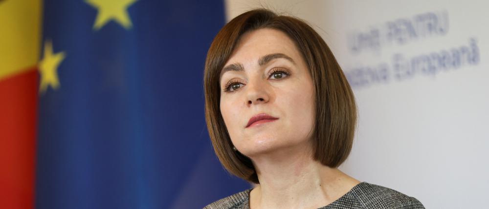 Die moldawische Präsidentin Maia Sandu bei einer Pressekonferenz in Chișinău, Moldau.