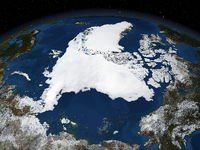 Jeden Sommer schwinden große Teile des arktischen Meereises (diese Aufnahme zeigt den Nordpol im August 2015). Auch jetzt im Herbst sind noch große Areale eisfrei, etwa die Karasee.