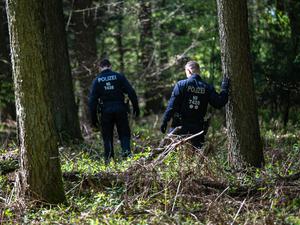 Einsatzkräfte durchsuchen ein Waldstück bei Bremervörde. 